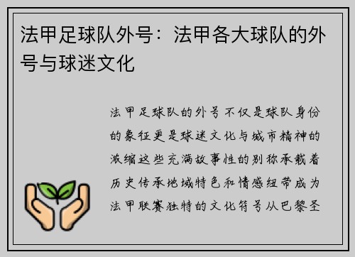 法甲足球队外号：法甲各大球队的外号与球迷文化