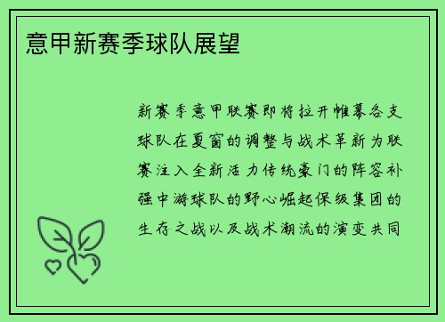 意甲新赛季球队展望