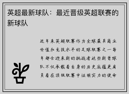 英超最新球队：最近晋级英超联赛的新球队